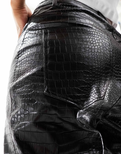 Mango croc detail leather look straight leg pants in black