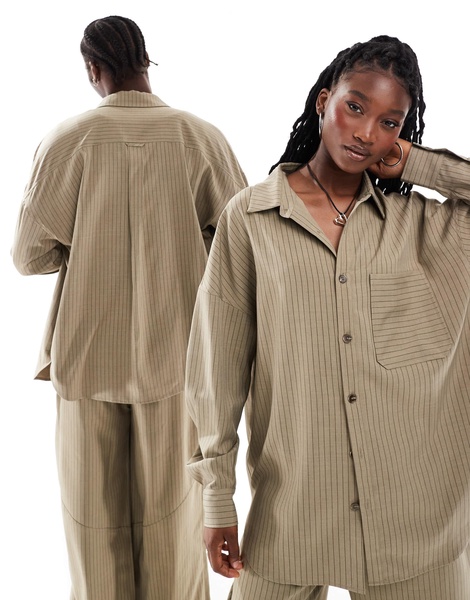 COLLUSION Unisex oversized shirt in brown pinstripe - part of a set