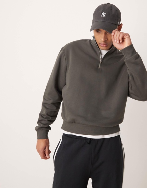 ASOS DESIGN essential boxy oversized sweatshirt with half zip in khaki