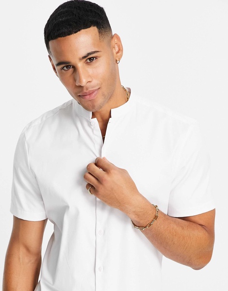 ASOS DESIGN slim sateen shirt with mandarin collar in white