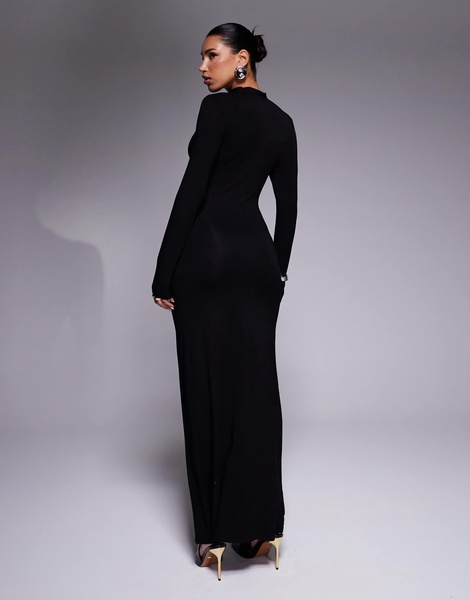 ASOS DESIGN high neck long sleeve with ruching maxi dress in black