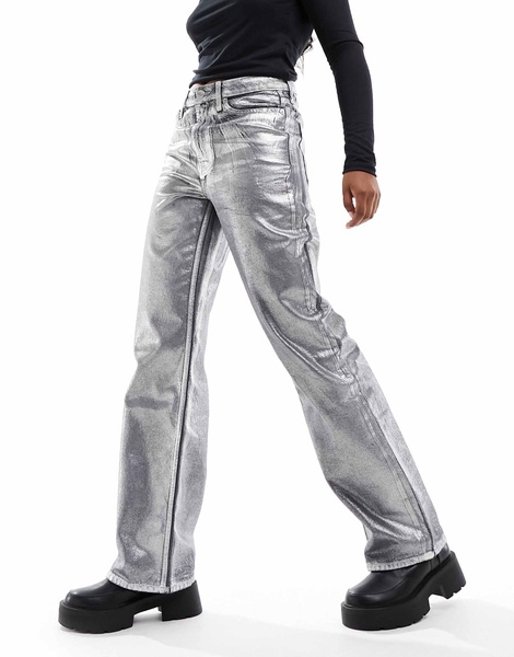 River Island 90s straight leg coated jeans in silver