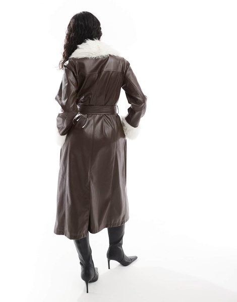 ASOS DESIGN faux fur collar and cuff longline leather look coat in chocolate