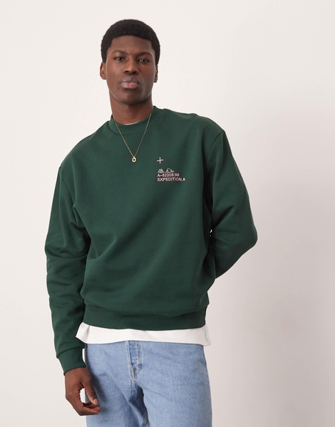 ASOS DESIGN oversized sweatshirt with chest embroidery and mountain back print in dark green