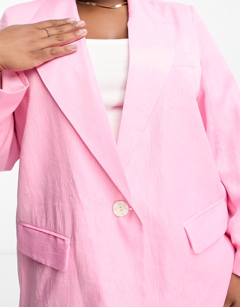 River Island Plus ruched sleeve blazer in pink - part of a set