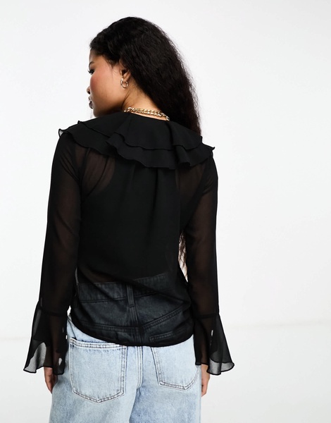 River Island Petite chiffon blouse with frill detail in black