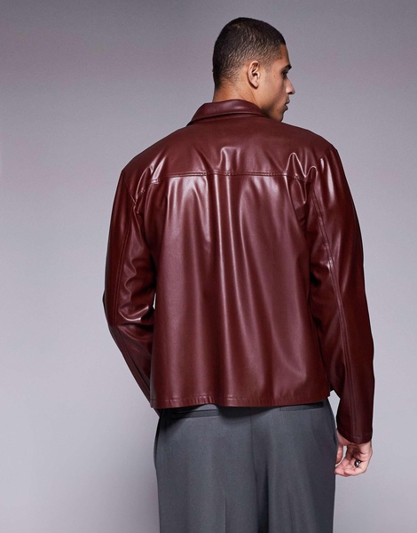 ASOS DESIGN faux leather oversize boxy shirt in burgundy - part of a set