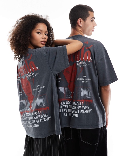 ASOS DESIGN Halloween unisex oversized t-shirt with Dracula prints in washed black