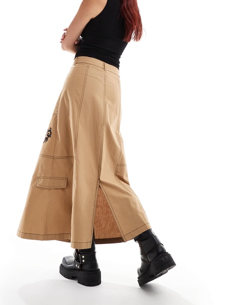 COLLUSION ripstop maxi skirt with contrast stitch and embroidery emblem in camel