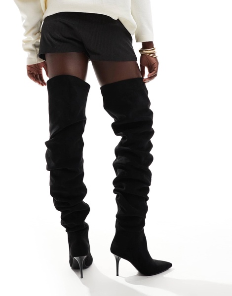 ASOS DESIGN Knock ruched heeled over the knee boots in black