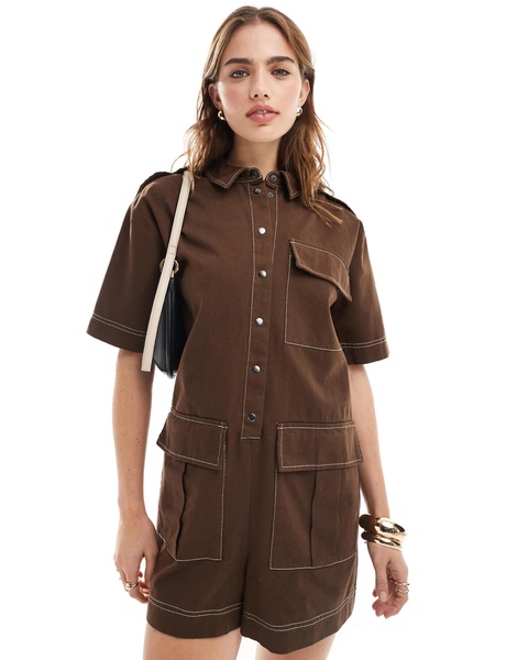 ASOS DESIGN pocket detail utility romper in chocolate