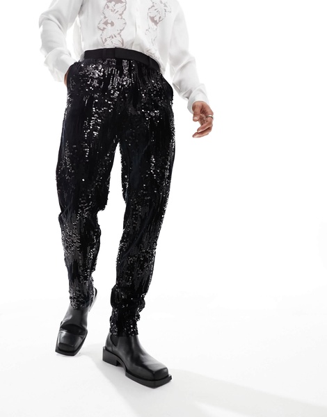 ASOS DESIGN slim scattered sequin suit pants in black