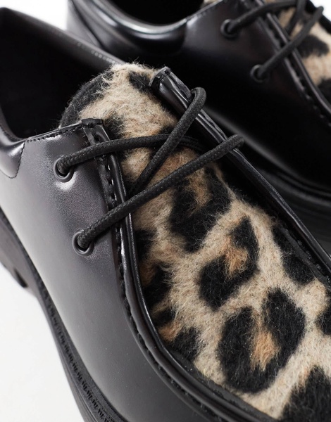 ASOS DESIGN lace-up shoes in black with faux fur print penny