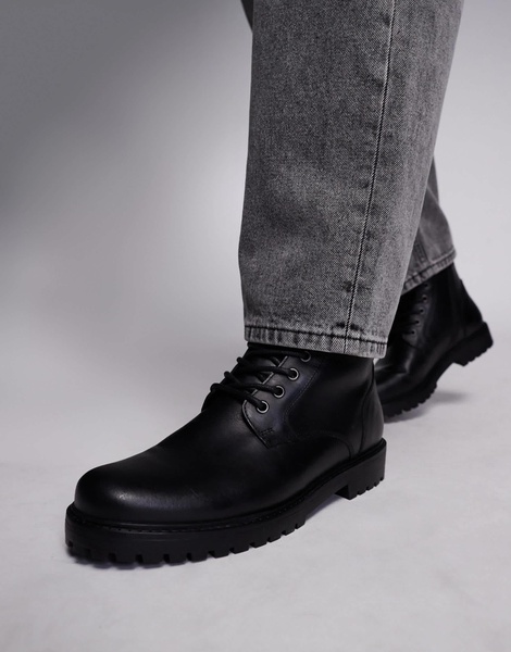 ASOS DESIGN lace up worker boots in black leather with shearling lining