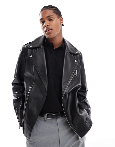 ASOS DESIGN premium real leather moto jacket in black