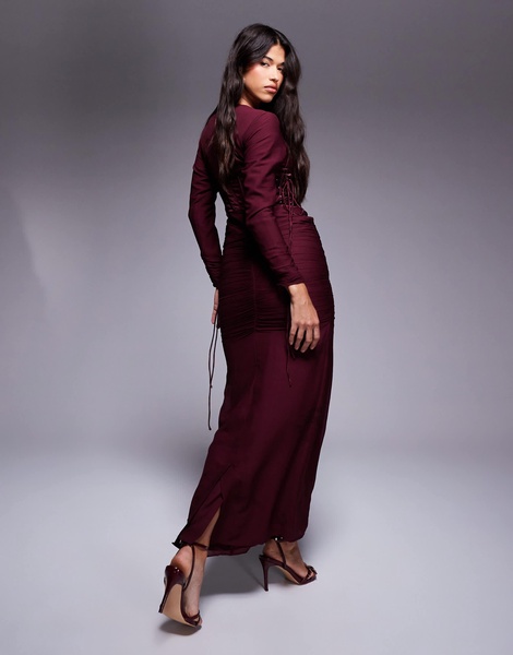 ASOS DESIGN long sleeve ruched maxi dress with satin corset detail in burgundy