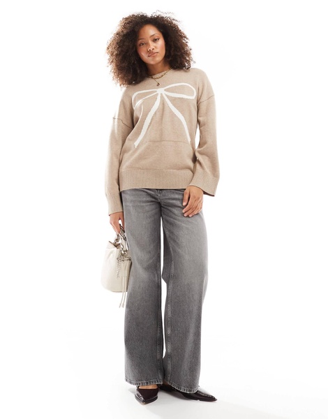 Cotton On luxe crew pullover knitted sweater in cream with bow intarsia