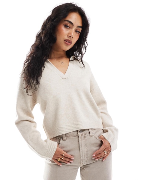 Cotton On knitted v neck polo sweater in stone