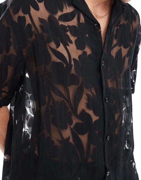 ASOS DESIGN oversized revere shirt in floral burn out in black