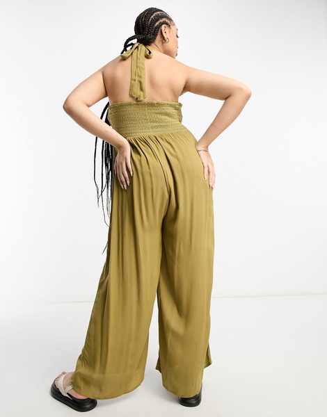 River Island Plus bandeau halterneck beach jumpsuit in khaki