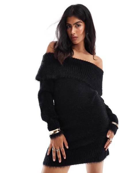 Cotton On off shoulder fluffy mini dress in black