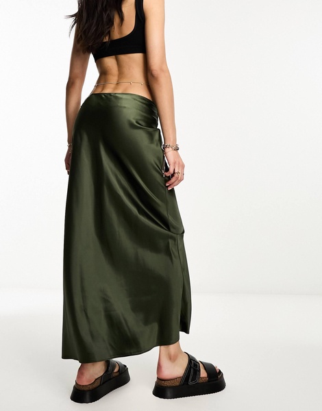 River Island satin slip maxi skirt in khaki