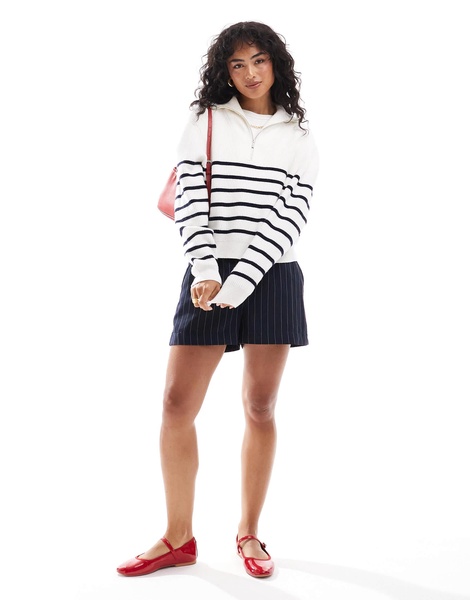 Mango half zip striped sweater in white