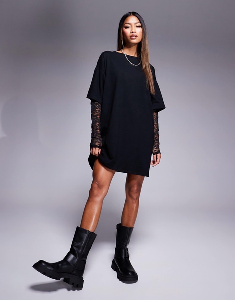 ASOS DESIGN t-shirt mini dress with lace sleeves in black