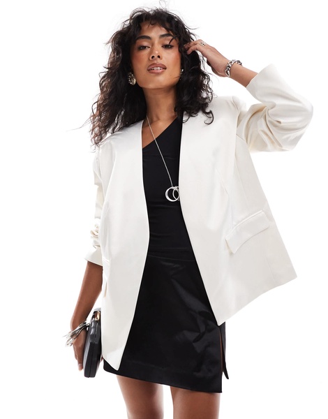 ASOS DESIGN satin collarless blazer in cream