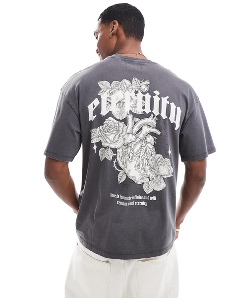 ADPT oversized rose back print t-shirt in washed gray