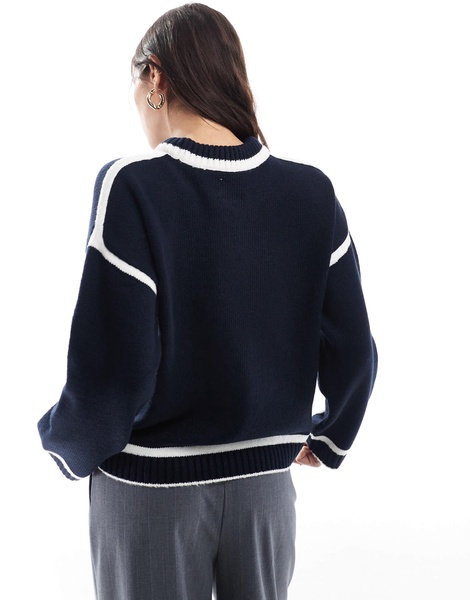 ASOS DESIGN knit sweater with contrast cream seams in navy