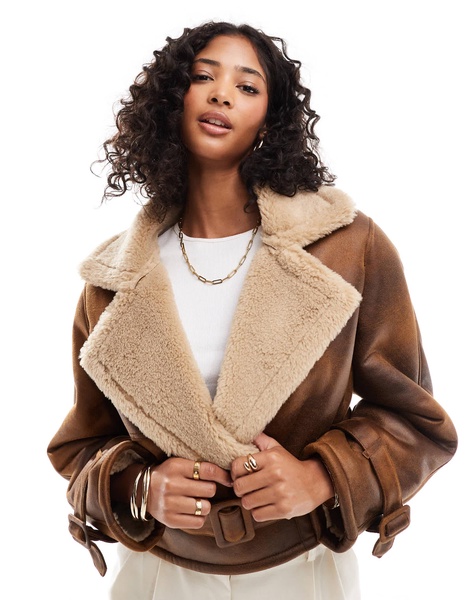 Bershka belted suede and shearling jacket in brown