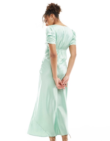 ASOS DESIGN v neck satin midi dress with lace bodice in sage green with contrast lace