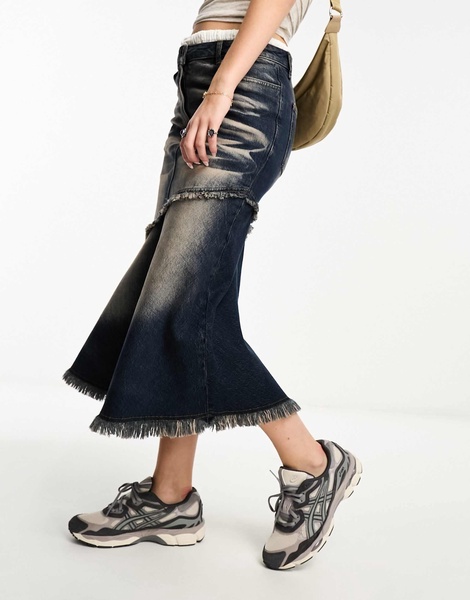 COLLUSION fishtail denim midi skirt with seam detail and pink wash