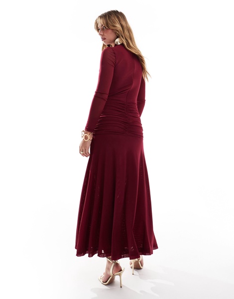 Bardot ruched mesh maxi dress in berry