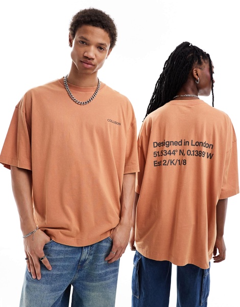 COLLUSION Unisex back branded t-shirt in burnt orange with wash