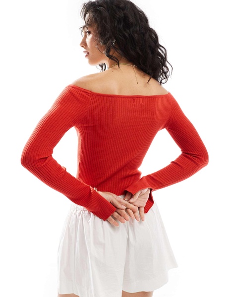 Cotton On everfine curve hem off shoulder lightweight sweater in red