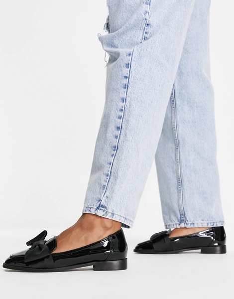 ASOS DESIGN Wide Fit Mentor bow loafer flat shoes in black patent