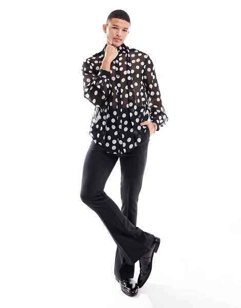 ASOS DESIGN relaxed sheer shirt in large polka dots with tie neck in black