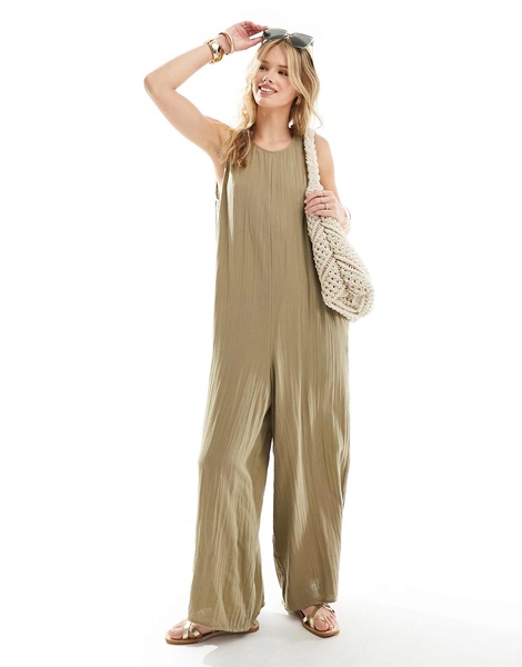 ASOS DESIGN crew neck culotte jumpsuit in taupe