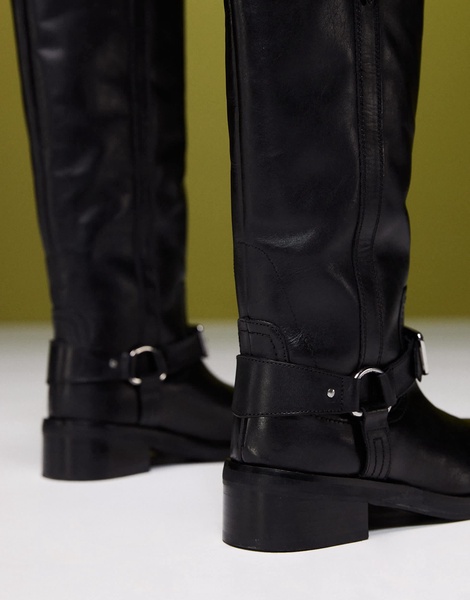 ASOS DESIGN Cora leather harness biker knee boots in black