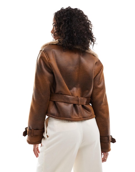 Bershka belted suede and shearling jacket in brown