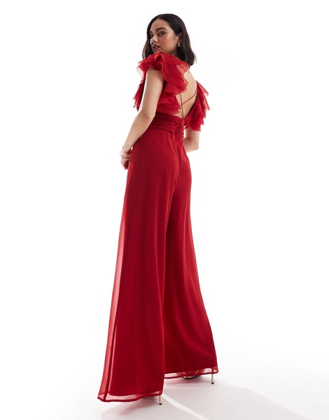 ASOS DESIGN ruffle sleeve cross back wide leg jumpsuit in red