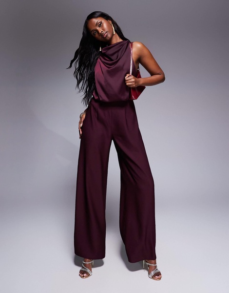 ASOS DESIGN cowl neck jumpsuit with satin bodice in burgundy