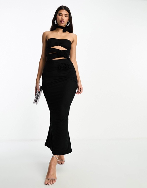 SIMMI bandeau cut out maxi dress with corsage flower detail in black