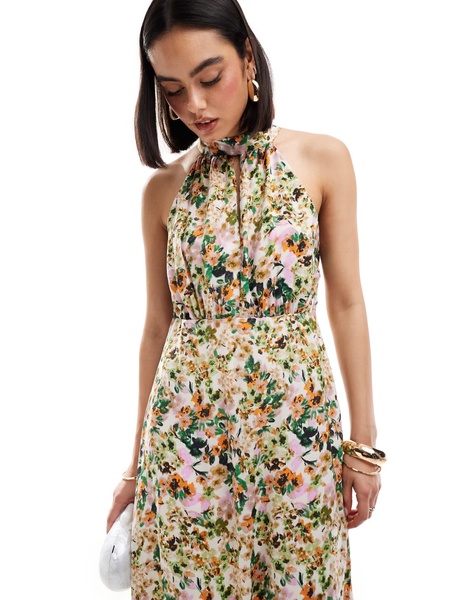 Vila halterneck maxi dress in nautral floral print