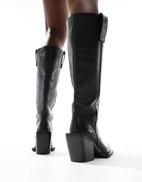 ASOS DESIGN Celia leather western pull on boots in black