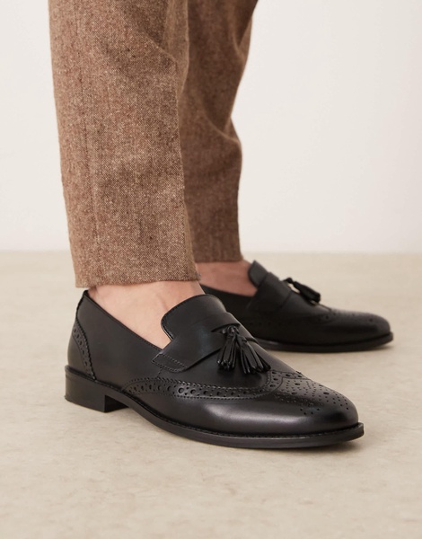 ASOS DESIGN brogue loafers in black faux leather with tassels