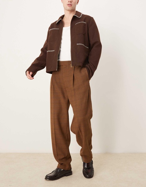 ASOS DESIGN pull on smart wool mix oversized tapered pants in brown herringbone