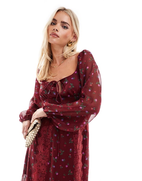 ASOS DESIGN Petite long sleeve tie front midi dress with lace inserts in burgundy ditsy floral